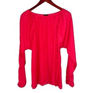 Ann Taylor satin blouse crochet latter long sleeve coral red silky large